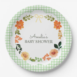 Plato De Papel 018 Grass Green Floral Gingham Baby Shower