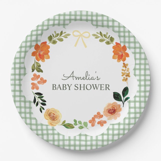 Plato De Papel 019 Forest Green Floral Gingham Baby Shower (Anverso)