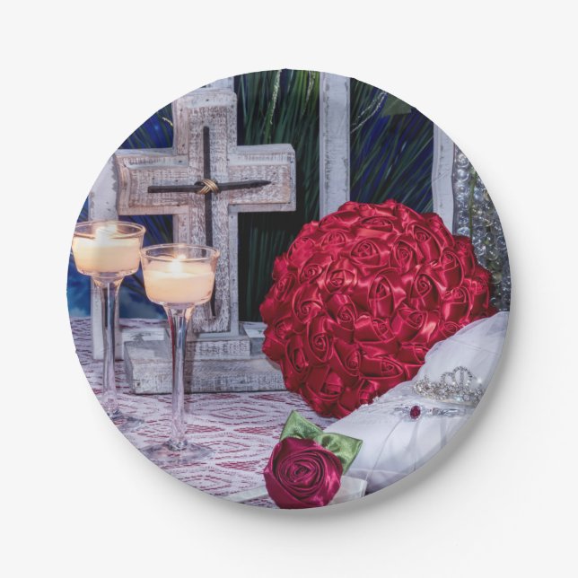 Plato De Papel 0294-Rosas, anillos, velas (Anverso)