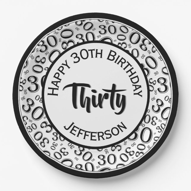 Plato De Papel 0.º patrón de número aleatorio negro/blanco (Anverso)