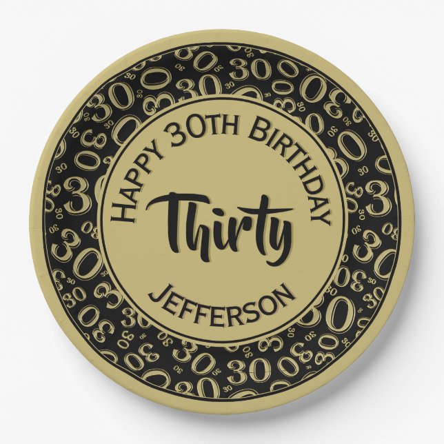 Plato De Papel 0.º Patrón de números aleatorios negro/oro (Anverso)