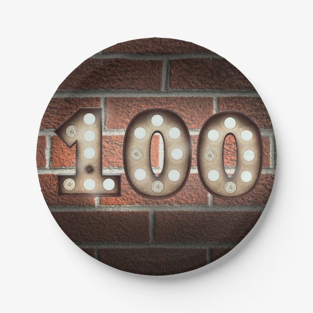 Plato De Papel 100.º cartel de cumpleaños en la pared de ladrillo (Anverso)