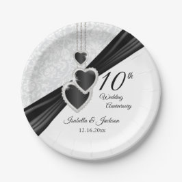 Plato De Papel 10.º Damasco blanco con acentos negros