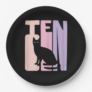 Plato De Papel 10.º Fan De Gato De Cumpleaños Cute 10 Años Par