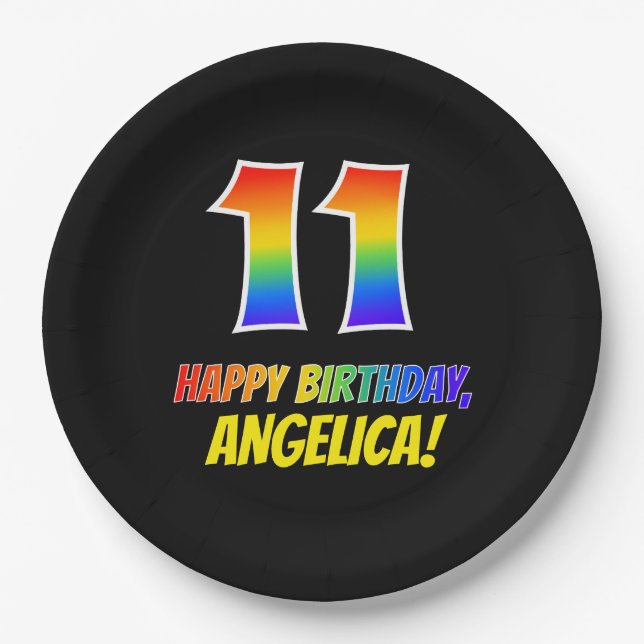 Plato De Papel 11º cumpleaños: audaz, divertido, simple, arcoiris (Anverso)