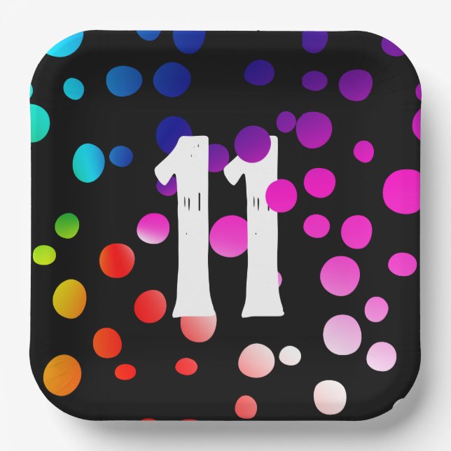 Plato De Papel 11.º cumpleaños con puntos arcoiris en negro (Anverso)