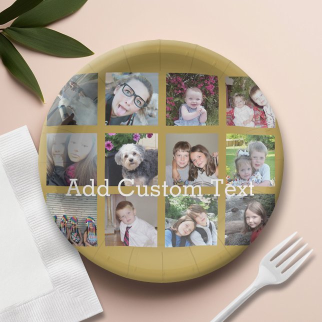 Plato De Papel 12 Collage de fotos con fondo dorado (Custom Paper Plate)