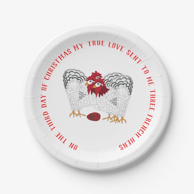 Plato De Papel 12 días de Navidades 3 gallinas francesas (Anverso)