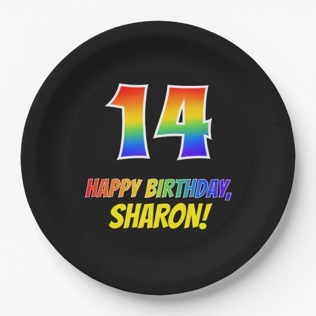 Plato De Papel 14º cumpleaños: audaz, divertido, simple, arcoiris (Anverso)