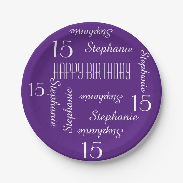 Plato De Papel 15.ª Fiesta de Cumpleaños Repeating Name Purple (Anverso)