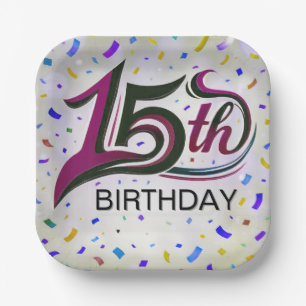 Plato De Papel 15.º texto de cumpleaños con Fiesta Confetti