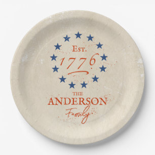 Plato De Papel 1776 Estrellas Americanas y Apellido