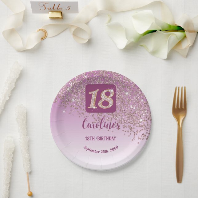 Plato De Papel 18.º Rosa  Purpurina de Oro (Boda)