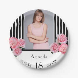 Plato De Papel 18 años rayas blancas negras florals foto