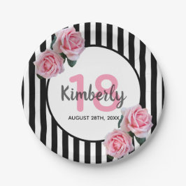 Plato De Papel 18 años rayas negras flores rosadas