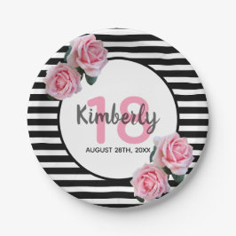 Plato De Papel 18 años rayas negras flores rosadas