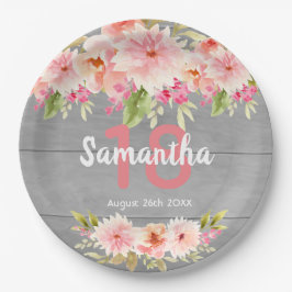 Plato De Papel 18 cumpleaños floral gris madera rústico