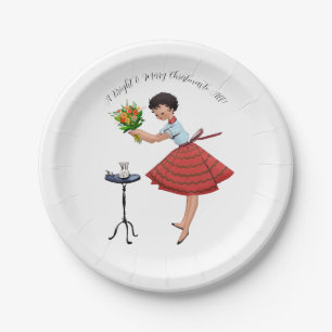 Plato De Papel 1950 Dama Vintage Feliz Navidad