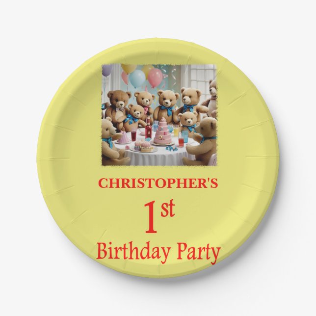 Plato De Papel 1.ª Fiesta de cumpleaños Teddy Bears Fiesta (Anverso)