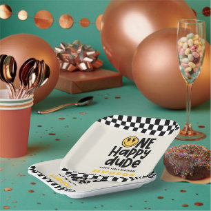 Plato De Papel 1.ª sonrisa de cumpleaños cara retro negro groovy