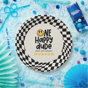 Plato De Papel 1.ª sonrisa de cumpleaños cara retro negro groovy