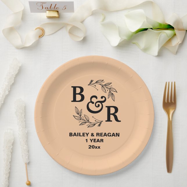 Plato De Papel 1.ᵉʳ Aniversario Boda deja a Motif Monograma (Boda)