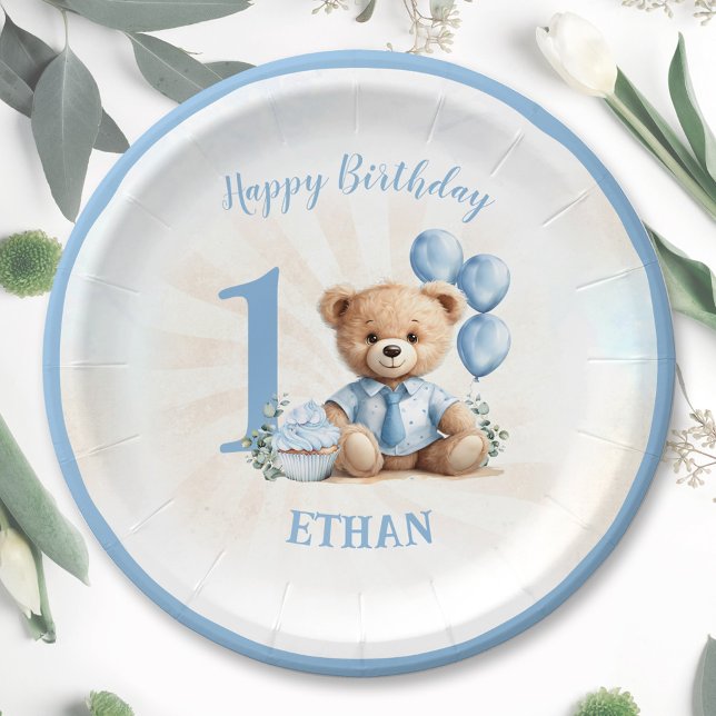 Plato De Papel 1.ᵉʳ Balón azul de cumpleaños Placas de papel (1st Birthday Bear Blue Balloons Paper Plates)