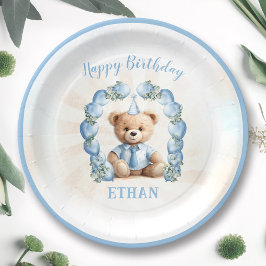 Plato De Papel 1.ᵉʳ Bear Blue Balloon Arch Plates de papel
