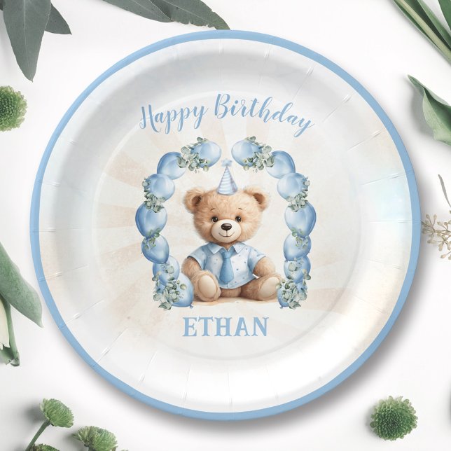 Plato De Papel 1.ᵉʳ Bear Blue Balloon Arch Plates de papel (1st Birthday Bear Blue Balloon Arch Paper Plates)