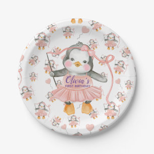 Plato De Papel 1.ᵉʳ cumpleaños Ballerina Pingüino Rosa