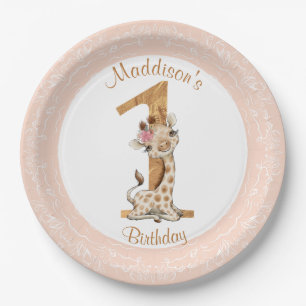 Plato De Papel 1.ᵉʳ cumpleaños Chica rosado Baby Giraffe Plate de