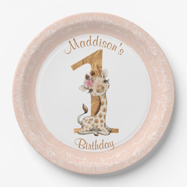 Plato De Papel 1.ᵉʳ cumpleaños Chica rosado Baby Giraffe Plate de (Anverso)