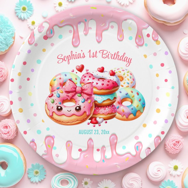Plato De Papel 1.ᵉʳ cumpleaños dulce Chica de un donut rosado (1st Birthday Sweet One Cute Donut Pink Girl Paper Plates)