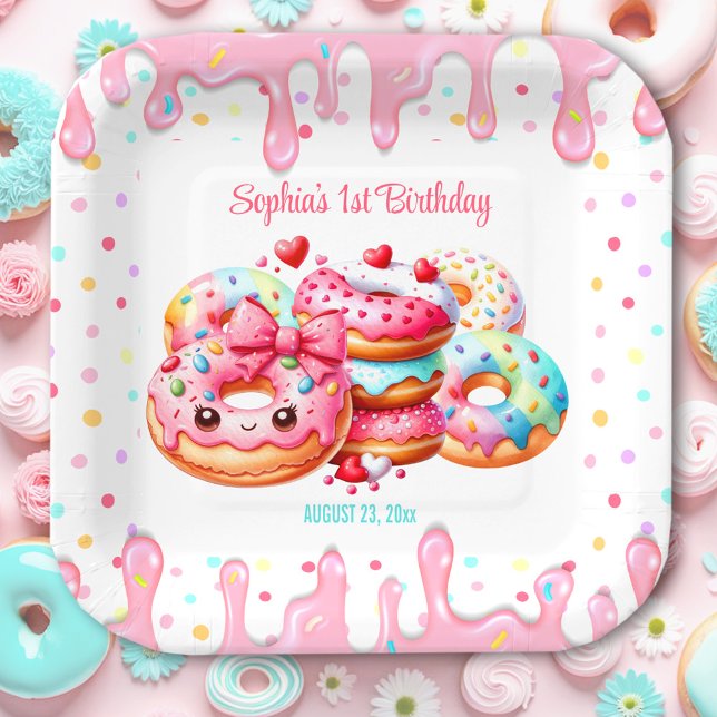 Plato De Papel 1.ᵉʳ cumpleaños, dulce, Chica rosa de Donut (1st Birthday Sweet One Cute Donut Pink Girl Square Paper Plates)