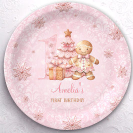 Plato De Papel 1.ᵉʳ cumpleaños Gingerbread Chicas Navidades rosad