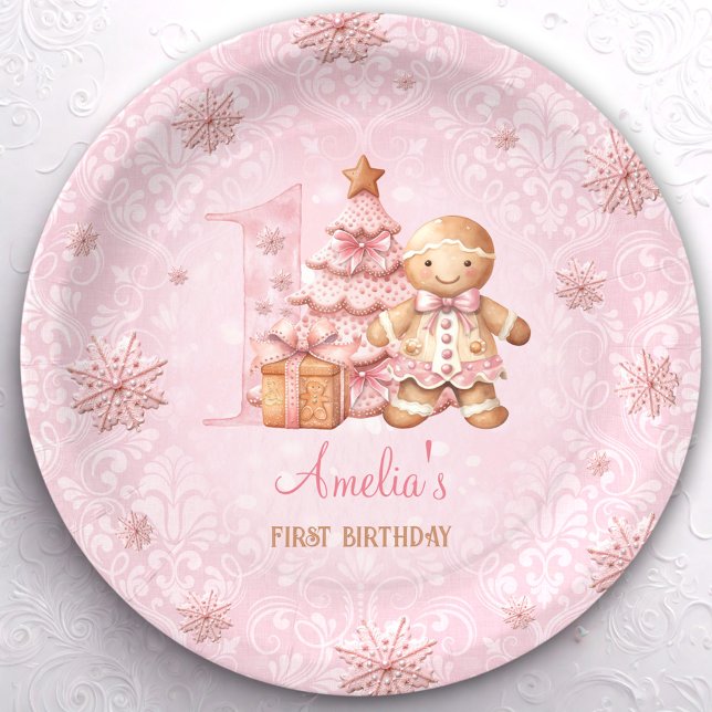 Plato De Papel 1.ᵉʳ cumpleaños Gingerbread Chicas Navidades rosad (1st Birthday Gingerbread Man Girl Pink Christmas Paper Plates)
