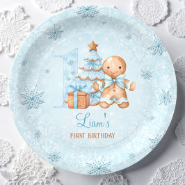 Plato De Papel 1.ᵉʳ cumpleaños Gingerbread Man Boy Navidades Azul