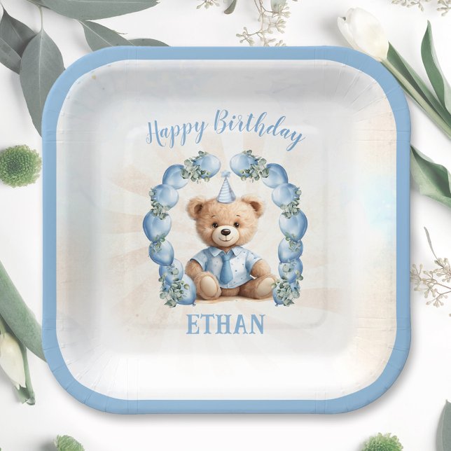 Plato De Papel 1.ᵉʳ cumpleaños Teddy Bear Placas de papel cuadrad (1st Birthday Teddy Bear Blue Square Paper Plates)