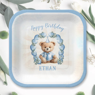 Plato De Papel 1.ᵉʳ cumpleaños Teddy Bear Placas de papel cuadrad