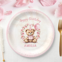 Plato De Papel 1.ᵉʳ cumpleaños Teddy Oso Roses rosados Placas de