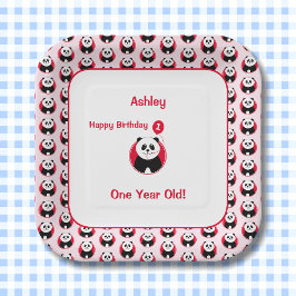 Plato De Papel 1.ᵉʳ globo rojo panda de cumpleaños
