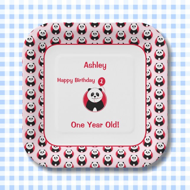 Plato De Papel 1.ᵉʳ globo rojo panda de cumpleaños (Subido por el creador)