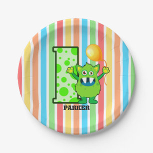 Plato De Papel 1r Personalizado verde del monstruo del cumpleaño