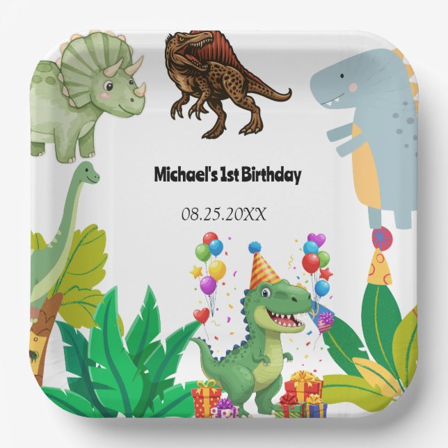 Plato De Papel 1st Birthday Dinosaur Minimal baby boy (Anverso)