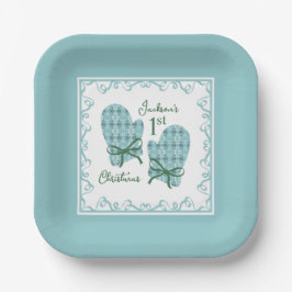 Plato De Papel 1st Christmas Mittens Green Bow Holiday