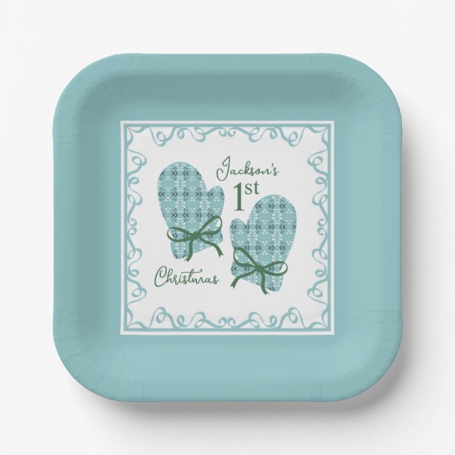 Plato De Papel 1st Christmas Mittens Green Bow Holiday (Anverso)