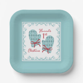 Plato De Papel 1st Christmas Mittens Red Bow Holiday