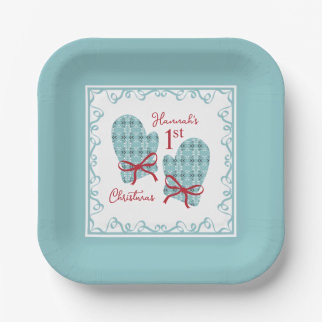 Plato De Papel 1st Christmas Mittens Red Bow Holiday (Anverso)
