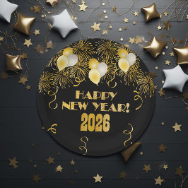 Plato De Papel 2026 Black Gold Glitter New Year's Eve Party