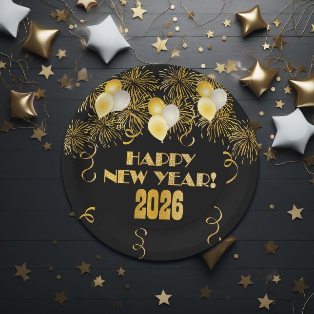 Plato De Papel 2026 Black Gold Glitter New Year's Eve Party  (Subido por el creador)